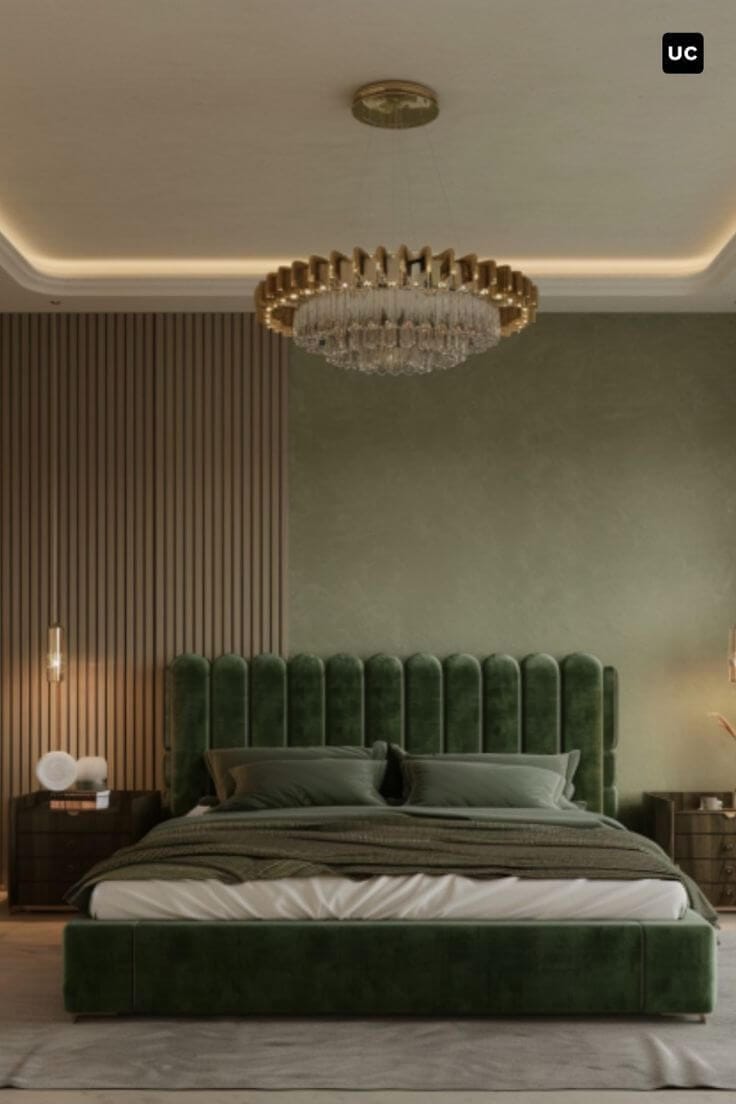 A modern bedroom with brown PVC wall panels.