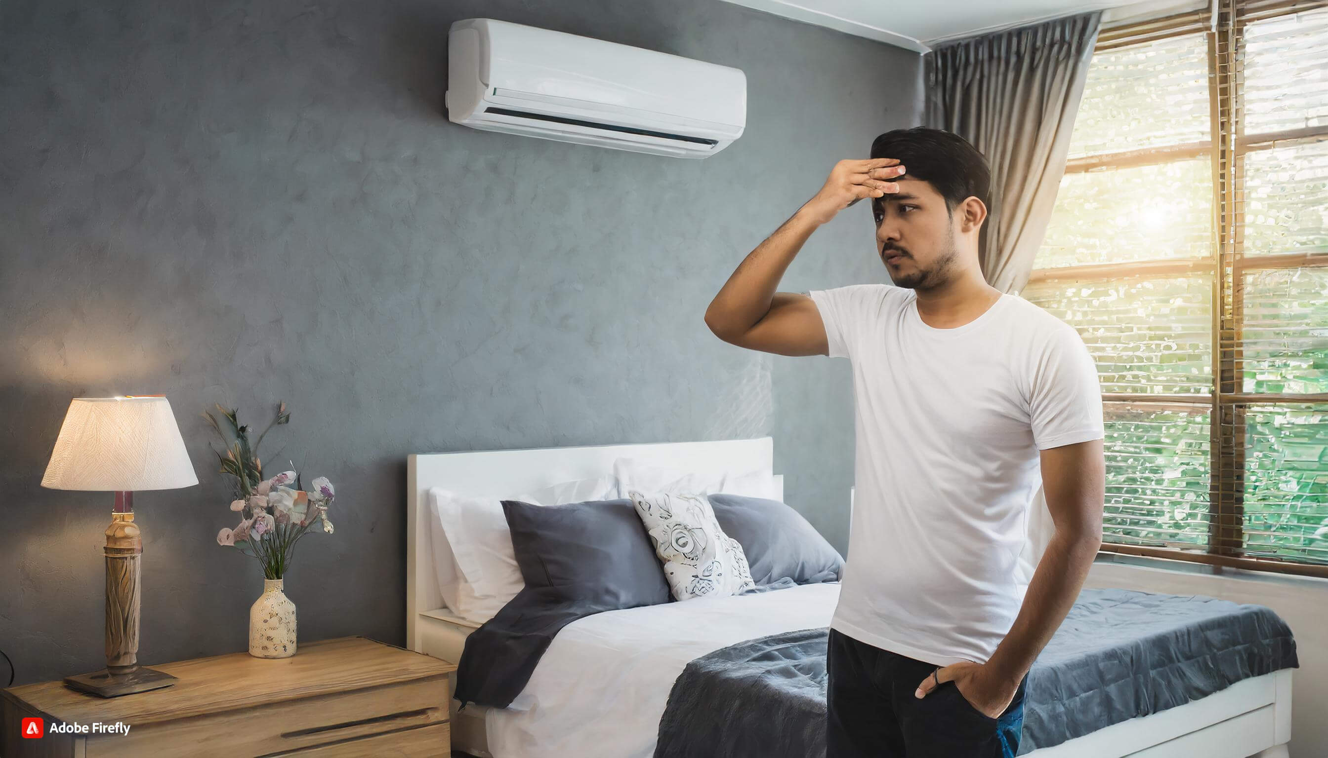 Unwell man with fever and flu touching head