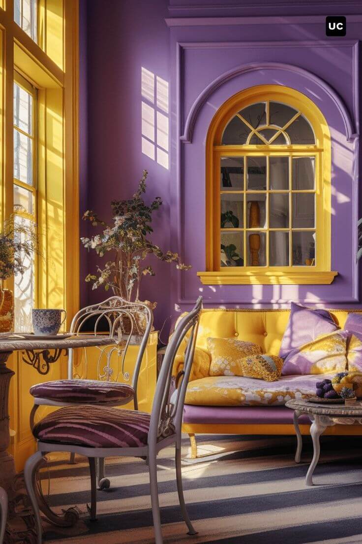 Purple and yellow living room.