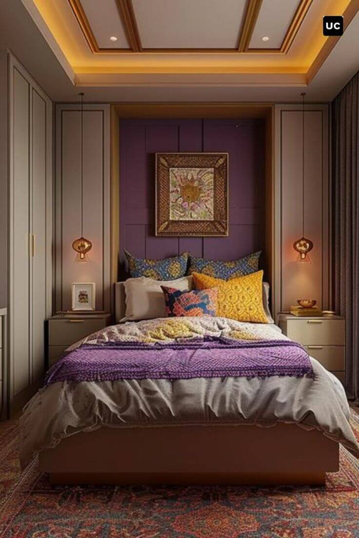 Purple and beige bedroom.