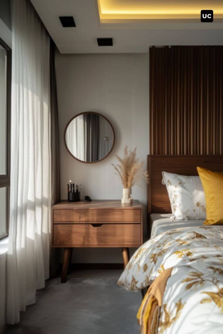 A modern bedroom with wooden wall panels.