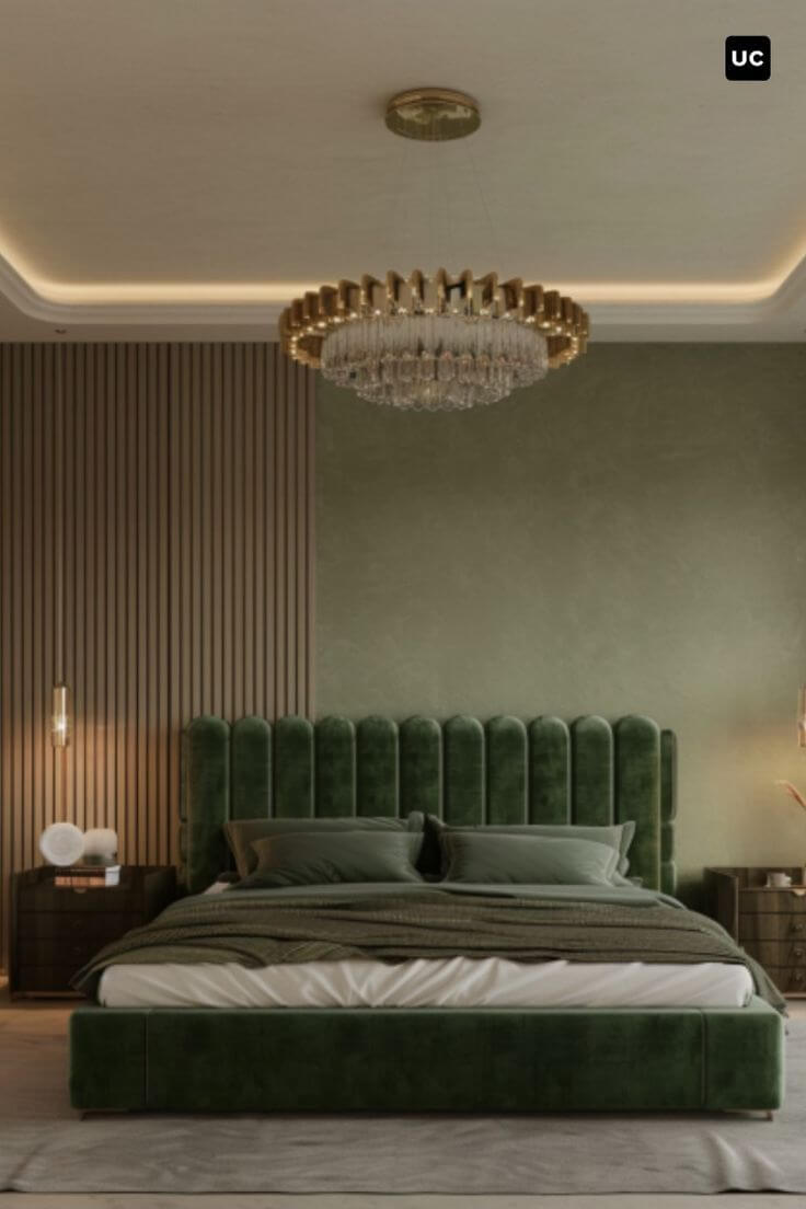 A modern bedroom with brown PVC wall panels.