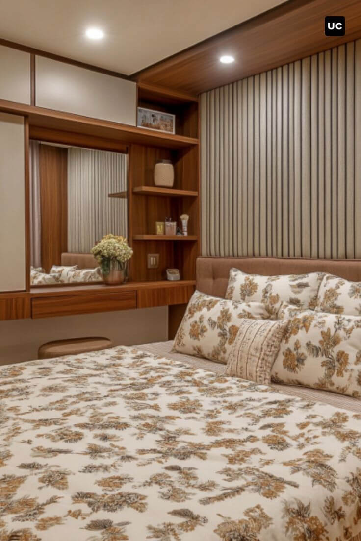 A modern bedroom with fabric wall panels.