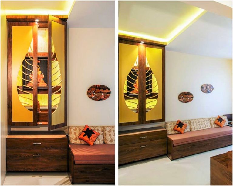 Wooden Corner Mandir Design with an Eye-Catching Door